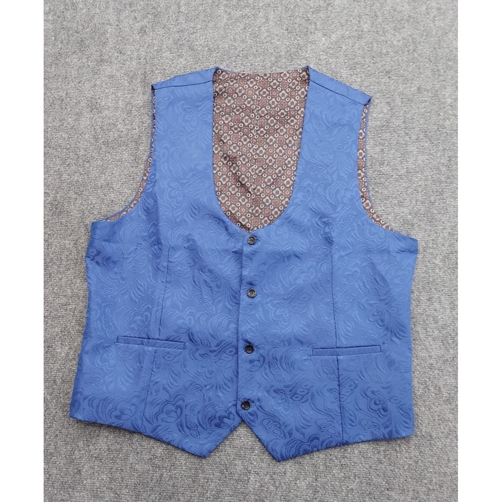 Vest Mens 3XL XXXL Blue Floral Embossed 4 Button Waistcoat Pockets Formal Adjust